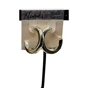 Vintage Napier Gold Tone Hoop Earrings NOS On Card 1.25in Surgical Steel Post